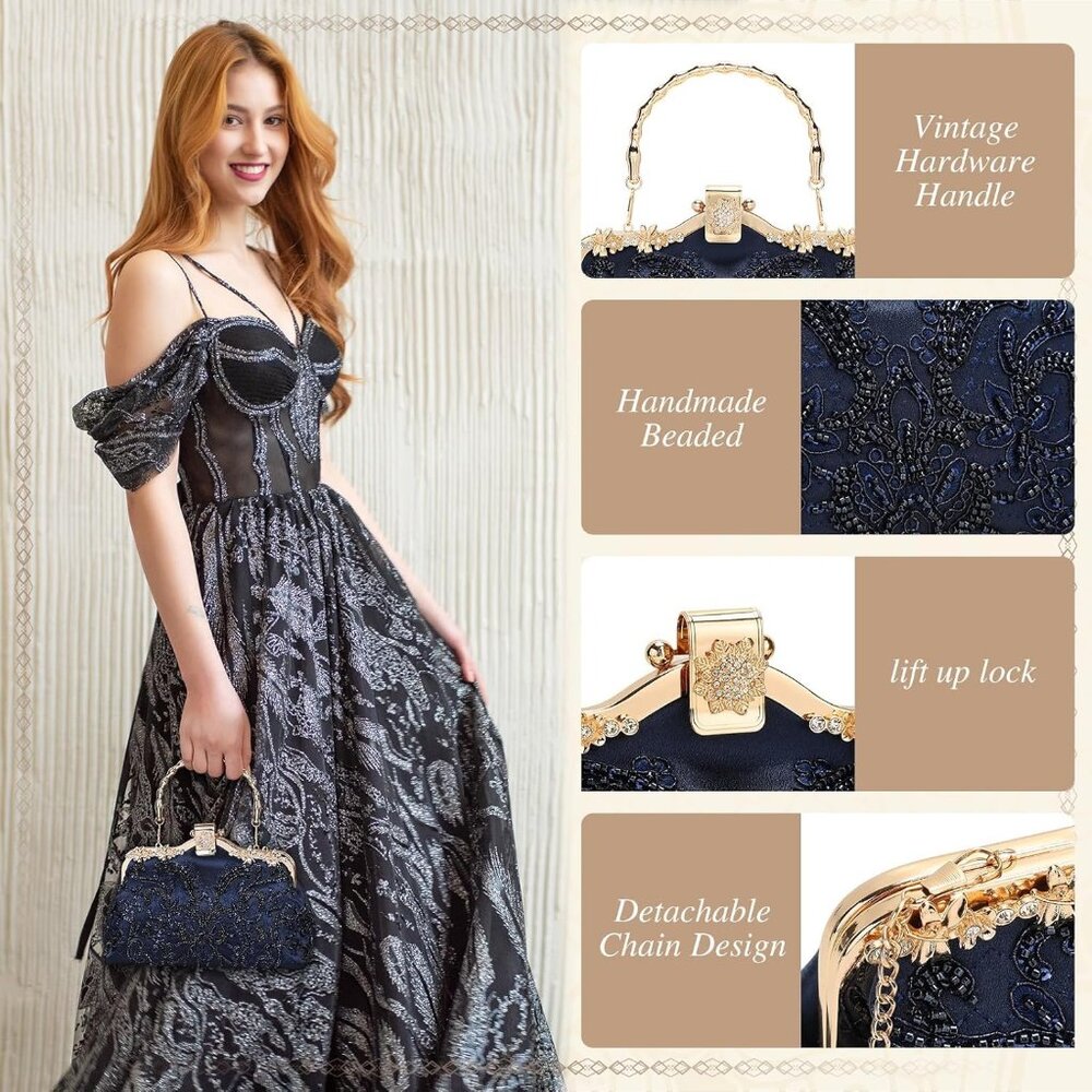 1920s Vintage Clutch Purse Beaded Evening Bag for Women Formal Bridal Sequin Han - Picture 7 of 8